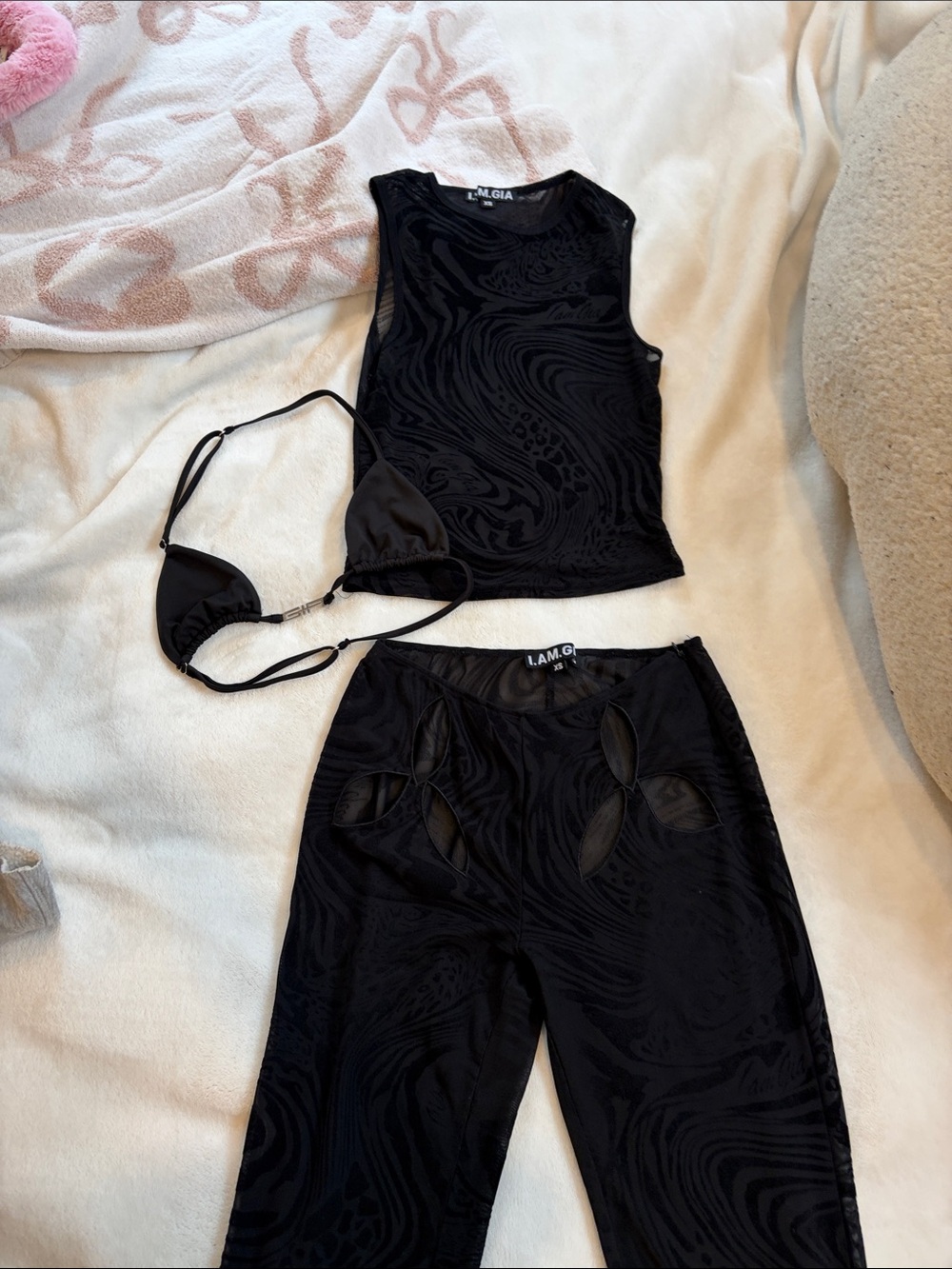 LAM.GIA Black Swirl Mesh Three-Piece Intimate Set